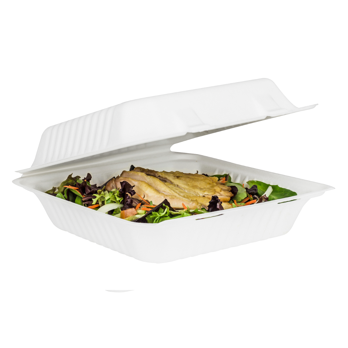 9” x 9” PFAS Free Bagasse Compostable Hinge Togo Container, White