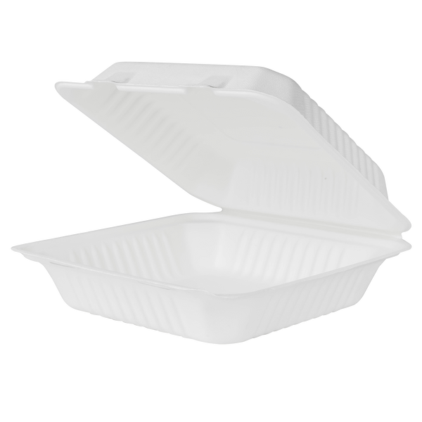 Boardwalk Bagasse Food Containers, Hinged-Lid, 3-Compartment 9 x 9 x 3.19,  White, Sugarcane, 100/Sleeve, 2 Sleeves/Carton (HINGEWF3CM9)