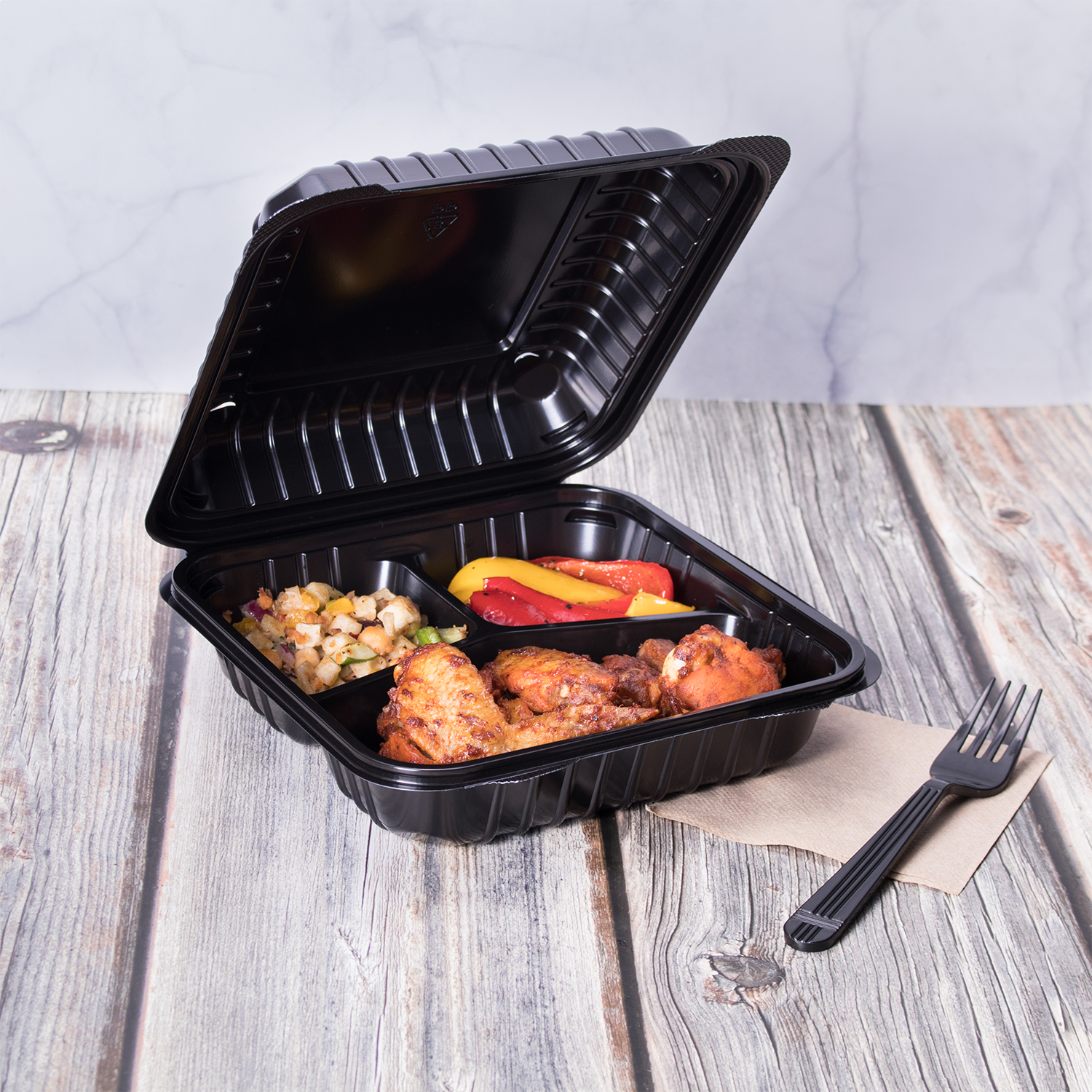 3 Compartment Hinged Take Out Boxes - Large Black Clamshell Containers