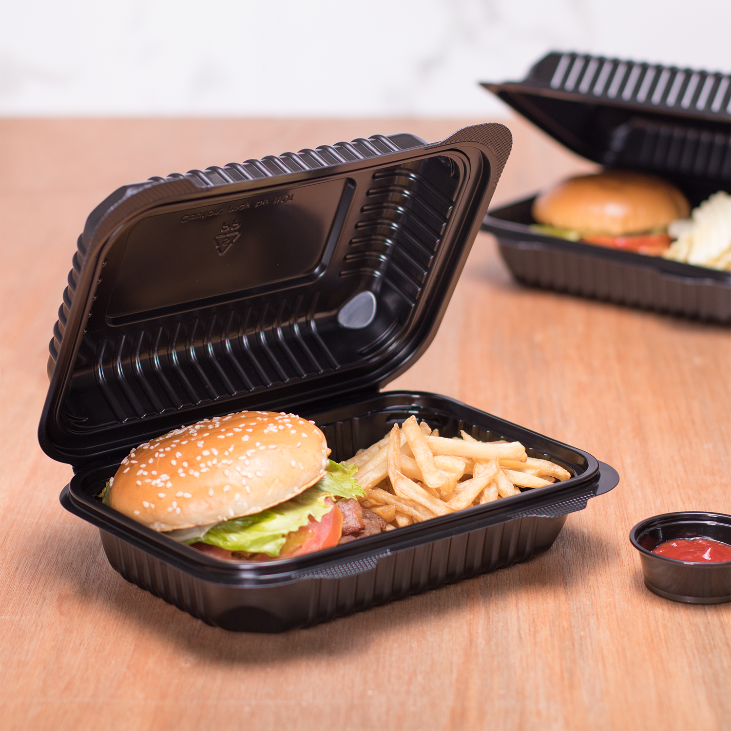 Black Half Clamshell Food Containers - 9x6 Hinged Take Out Boxes