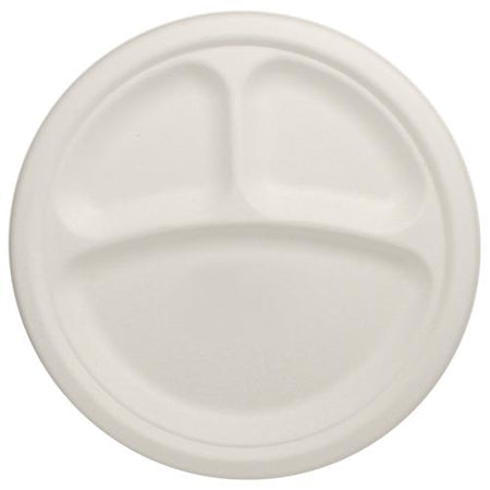 10 Bagasse 3-Compartment Round Plate - 500 ct